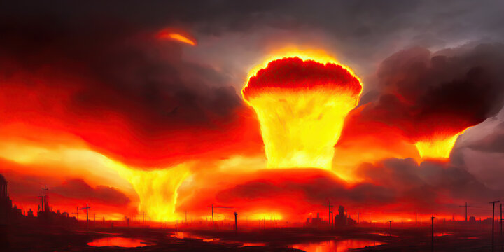 Nuclear explosion over a city, wrath flame and ruin. Digital illustration. Generative AI.