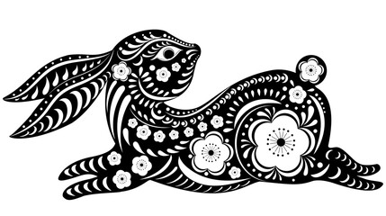 2023 Year of Rabbit with paper art cut white background, Chinese zodiac for New Year element, Beautiful Easter Bunny with Floral fancy hare with laser cut pattern for die cutting or template © Anchalee