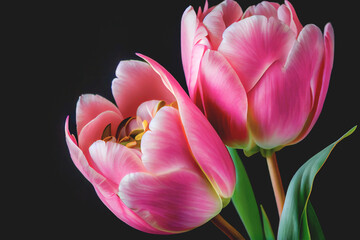 Obraz na płótnie Canvas Bouquet of fresh, pink tulip flowers isolated on black with copy space. Ideal for projects.
