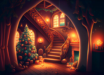 Obraz premium Christmas tree lights inside of a Wodden house 