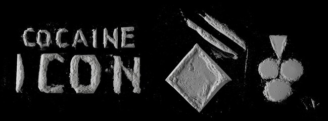Cocaine line and powder in shape clubs and diamonds, icon and symbol isolated on black, clipping...