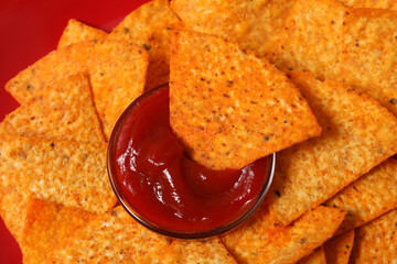 Concept of tasty snacks, corn chips, top view