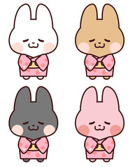 ピンクの着物を着てお辞儀するうさぎセット
