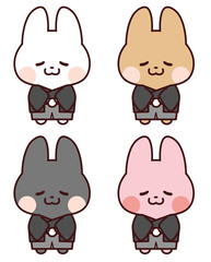 黒の着物を着てお辞儀するうさぎセット
