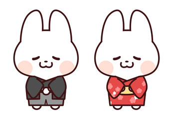 黒と赤の着物を着てお辞儀するうさぎ/白