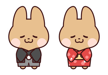 黒と赤の着物を着てお辞儀するうさぎ/茶