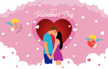 happy valentines day flat background with kissing couple on background from the clouds, hearts and flying cupid angels