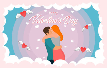 happy valentines day flat background with embracing and kissing couple on background from the clouds, white and flying hearts
