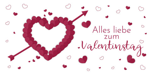 Valentine's Day card, dark purple paper hearts on a white background. Alles liebe zum Valentinstag - German Text. Translation: Happy Valentine's Day