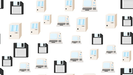 Seamless pattern endless computer with old retro computers, pc and vintage white hipster floppy disks from 70s, 80s, 90s isolated on white background. Vector illustration