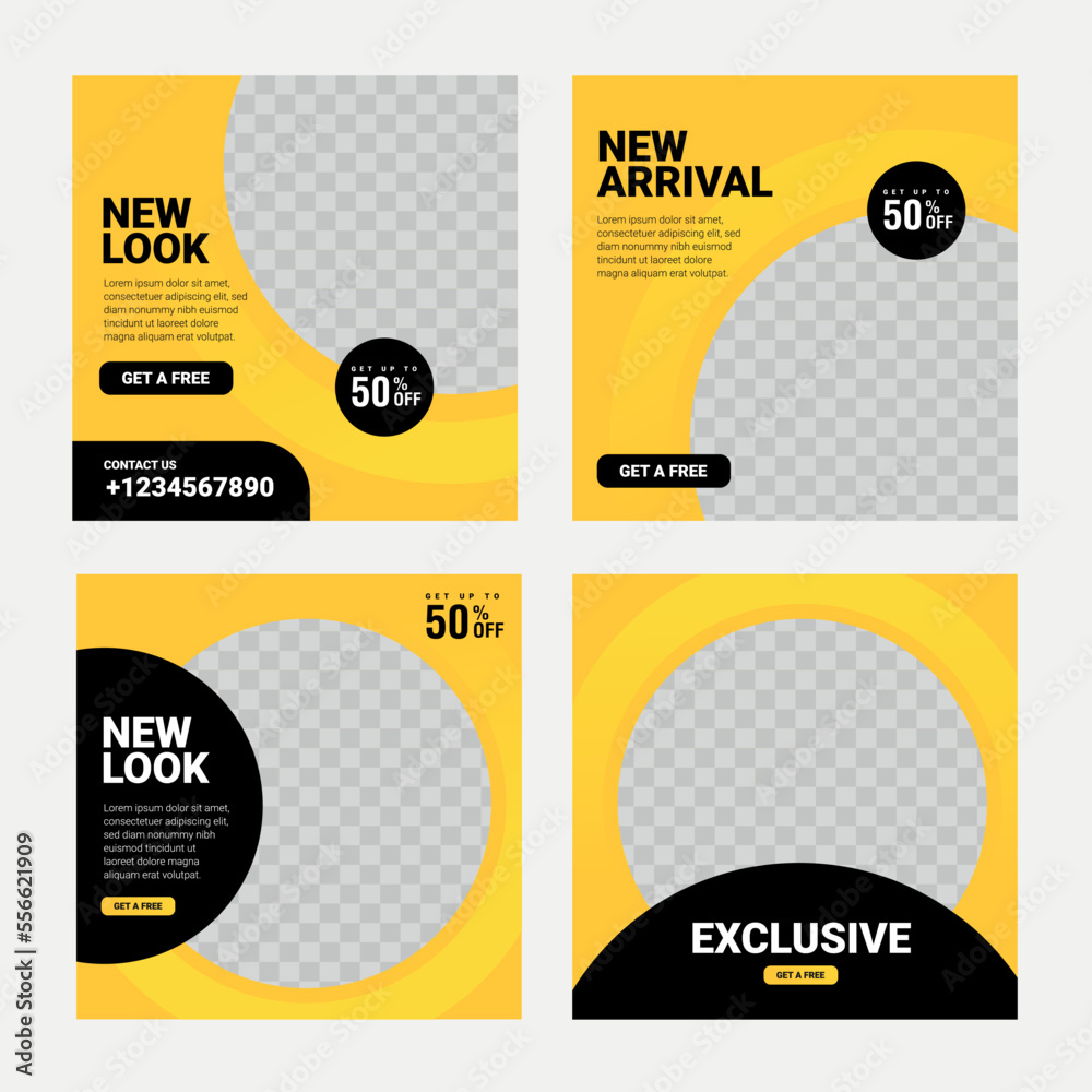 Wall mural set of editable square banner template. black and yellow background color with stripe line shape. su