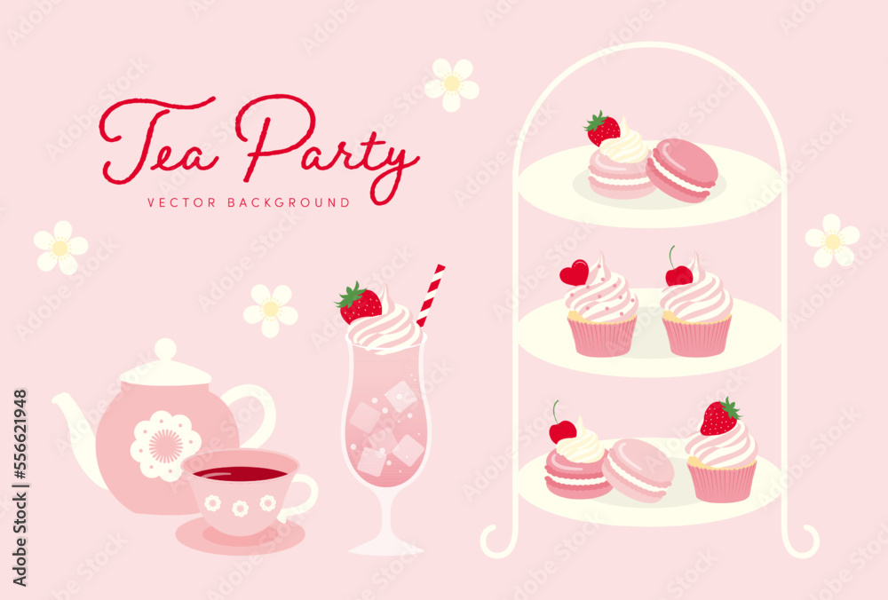 Wall mural vector background with a set of afternoon tea and sweets for banners, cards, flyers, social media wallpapers, etc.