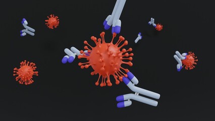 3D rendering of antibodies bind to epitope of virus paticles on black background.