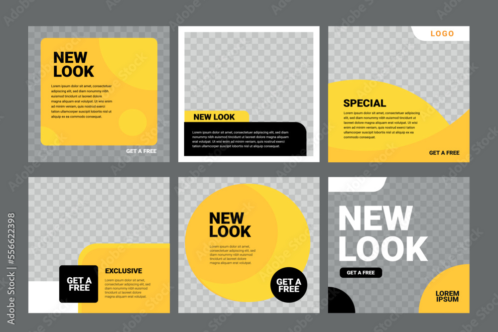 Wall mural set of editable square banner template. black and yellow background color with stripe line shape. su