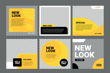 Set of Editable square banner template. Black and yellow background color with stripe line shape. Suitable for social media post, and web internet ads. Vector illustration with photo college