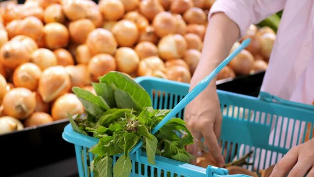The wife sells fresh vegetables in the supermarket, puts onions in the basket to prepare healthy vegetarian dishes without using meat. Vegetarianism as a pacifist lifestyle that doesn't kill animals