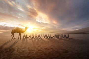 Camel crossing the desert with Isra Miraj text