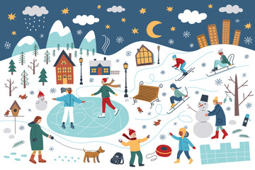 People having fun in winter park with snow, hand drawn landscape, doodle icons of trees, houses, vector illustrations of cartoon characters doing outdoor winter activities, countryside panorama