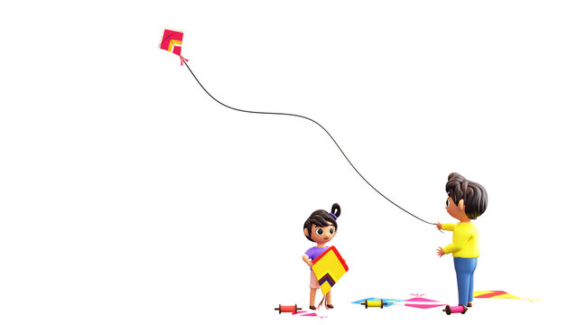 3D Render Of Boy Flying Kite Near Standing Girl Against Background.