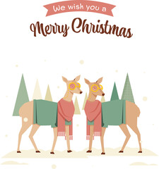 Merry Christmas Greeting Card With Cute Couple Reindeer, Xmas Tree On White Background.