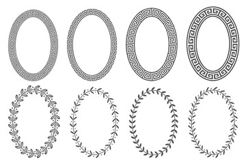 Greek key oval frame set. Circle borders with meander ornaments. Ellipse ancient designs. Vector