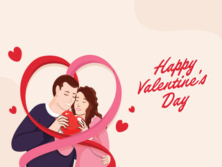 Happy Valentine's Day Poster Design With Romantic Couple In Heart Shape Making By Ribbon On Cosmic Latte Background.