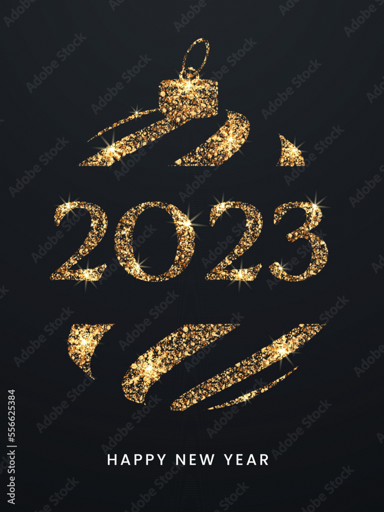 Poster golden glitter 2023 number with creative bauble on black background for happy new year concept.