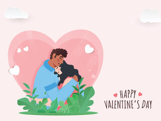 Happy Valentine's Day Concept With Embracing Young Couple, Paper Cut Leaves And Clouds On Pink Heart Shape Background.