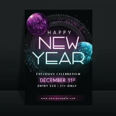 Happy New Year Party Invitation Card Or Flyer Design With 3D Disco Balls And Event Details.