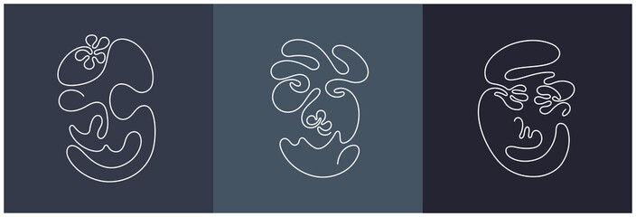 Surreal portraits of people. One line drawing abstract faces in the style of cubism. Contemporary lineart vector illustrations