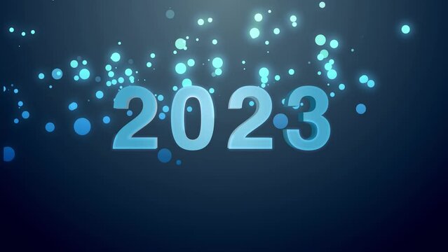 Happy New Year 2023 blue text. particles bokeh background new year resolution concept.