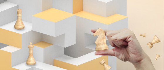 Creative idea and Business concept for chess leadership with Inspiration Business for target Development concept on Yellow background. copy space, digital, website -3d Rendering