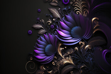 Purple flowers on dark background. Abstract floral design for prints, postcards or wallpaper. AI
