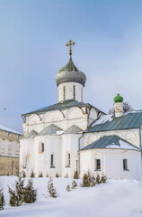 Fototapeta na wymiar The Golden Ring of Russia. Beautiful white stone monastery church of the 17th century in Pereslavl Zalessky