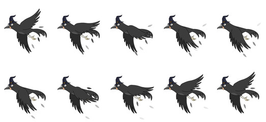 Obraz premium 2D crow flying with low health.Animation sheet for video games.Black crow and blue wizard hat.