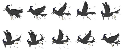Crow attacking 2d animation sheets.crow with wizards hat.2D cartoon sprite sheet animation for video games.Black crow and blue colored wizard/witches hat on head.