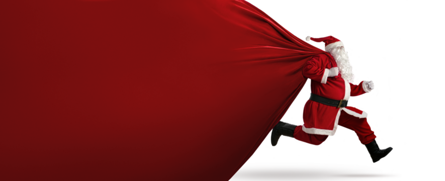 Santa Claus on the run to delivery christmas gifts with copy space - Powered by Adobe