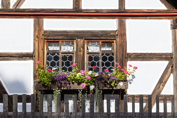 Fototapeta na wymiar Old Window with flower pots and herbs in Vessra Abbey in Kloster Vessra, Thuringia in Germany