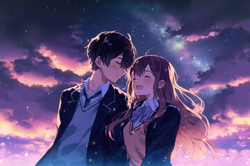 Fototapeta premium Cute couple in love. Romantic wallpaper. Anime style characters. AI