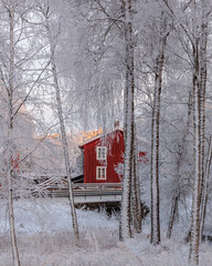 red house in winter