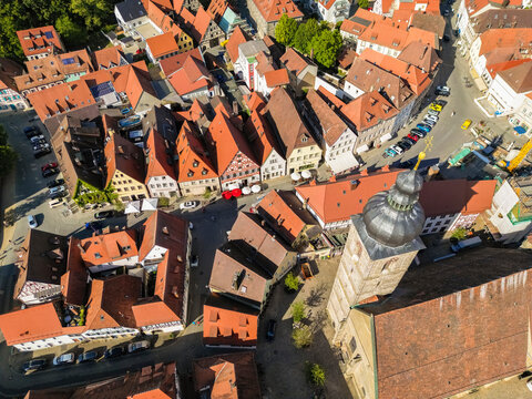 Germany, Bavaria, Forchheim, Aerial view of St. Martin church and surrounding houses