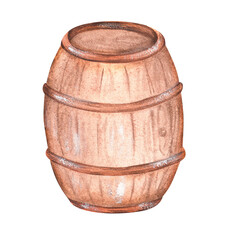 Wooden barrel. Watercolor vintage illustration. Isolated on a white background. For the design of pirate holiday decorations, stickers