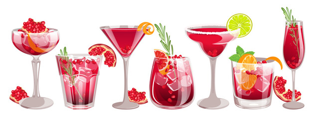 Set of pomegranate cocktails.Pomegranate margarita,martini,paloma,champagne with pomegranate seeds,spritzer,punch.Vector illustration.