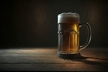 Beer Mug With Foam On Right Scene Of Copy Scape Scene On Wooden Table With Lights On It Generative AI