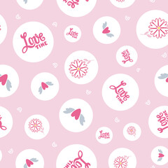 Polka dotted Love seamless pattern. Flying heart, flower and words Love time in the white bubbles on pink background.
