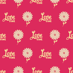 Bright red pattern with flowers and text Love Time.