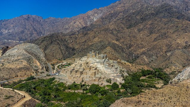 Saudi Arabia, Al Makhwah, Zee Ain, Aerial view of ancient village built on summit of White Mountain