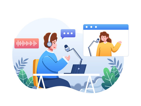 Illustration People talking and recording podcasts virtually.
Two Characters Virtually Record Audio and on air.
Recording podcast, broadcast virtual.
Suitable for web, landing page, apps, animation