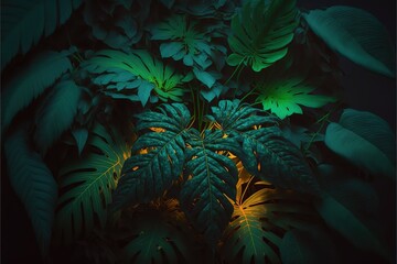 Fototapeta na wymiar Dark Tropical Leaves With A Light From Middle Of Scene Dark Palm Tree With All Other Torpical Levas Generative AI