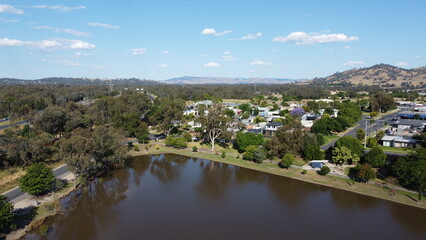 Fototapeta na wymiar The aerial drone point of view in panoramic photography at Belvoir Park with lake abundant in Wodonga is a city on the Victorian side of the border with New South Wales.